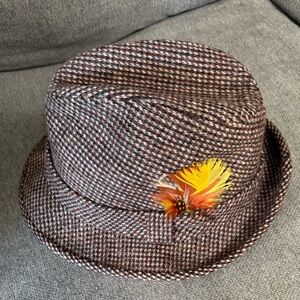 Brown Houndstooth Fedora with Feather Accent